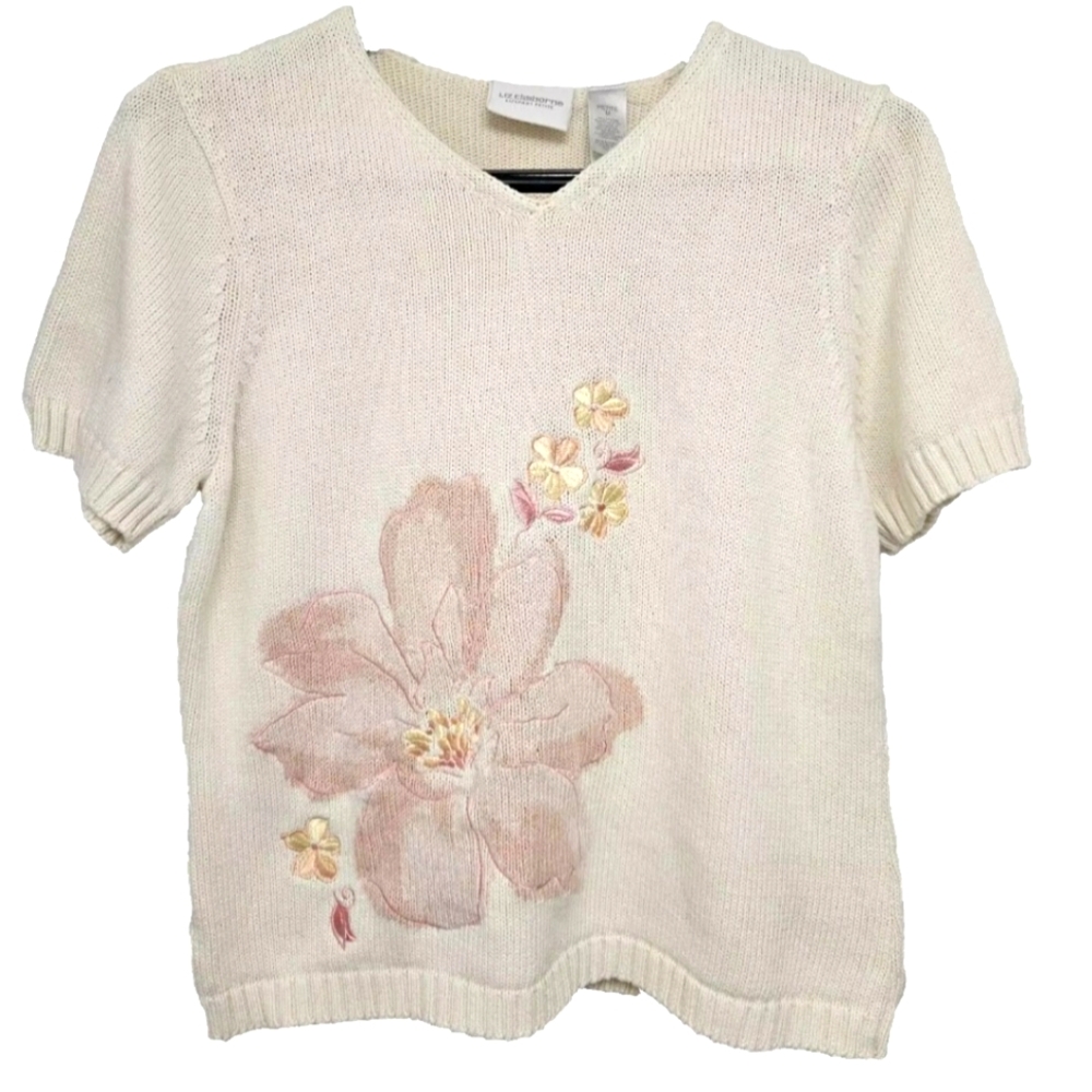 Liz Claiborne Size Petite M Short Sleeve Pullover Sweater Cotton Cottagecore